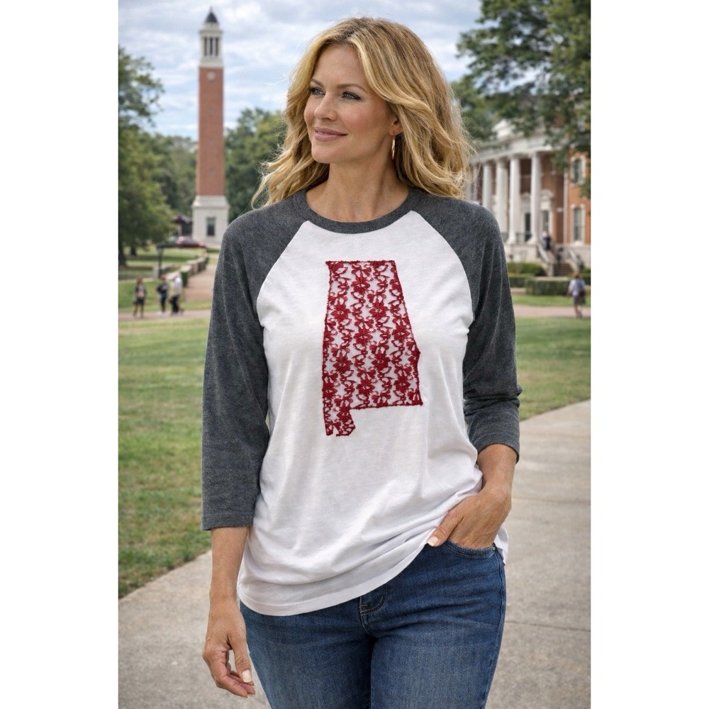 Eliza Dean Women's Cotton Baseball Jersey State Of Alabama‎ Lace Appliqué Large